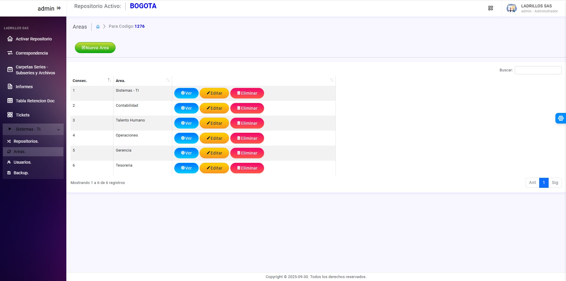 Configuración de áreas y repositorios